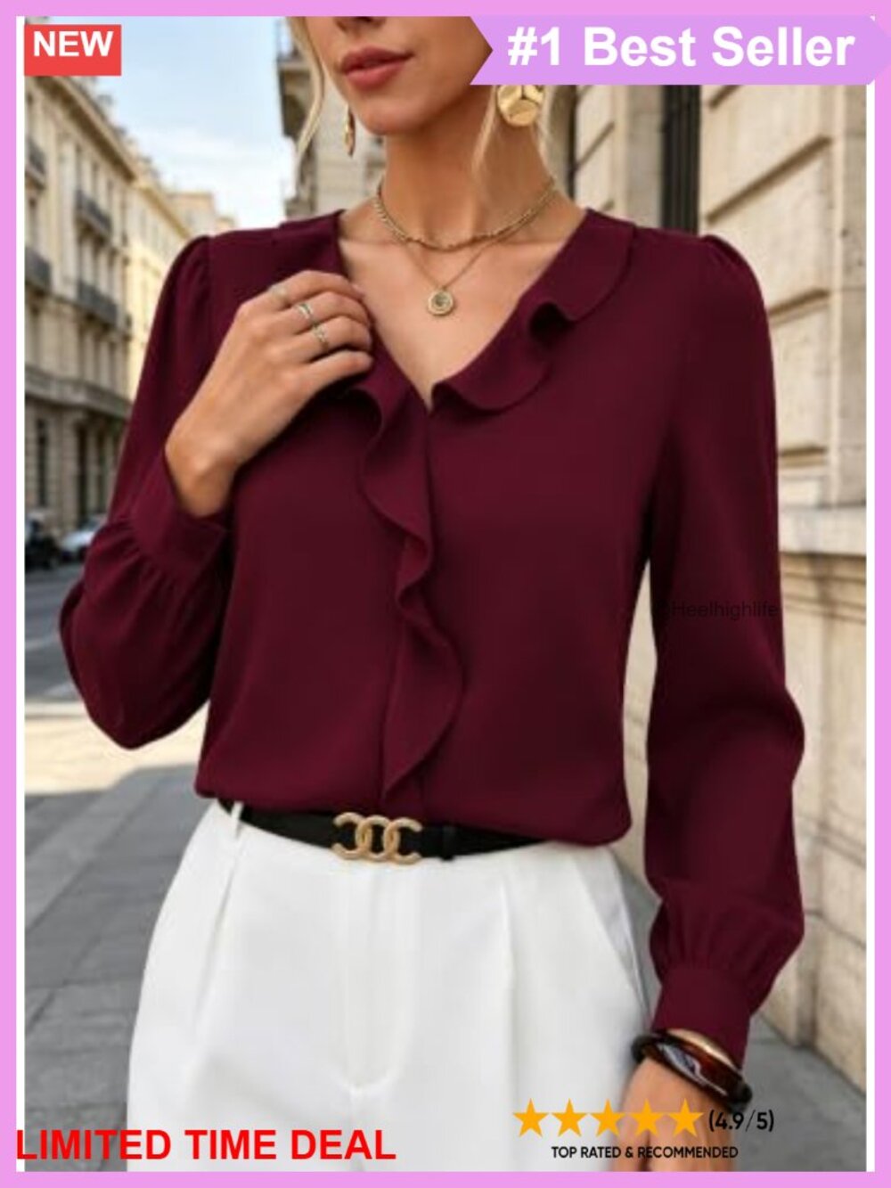 Ruffle V Neck Long Sleeve Blouse Button Down Shirt Dressy Casual Office Top - Picture 3 of 5